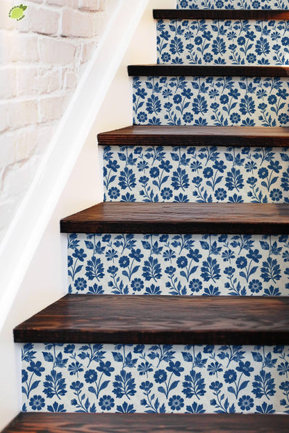 Cobalt Block Print Botanical Tile peel and stick stair riser decals, photo 5 of 8