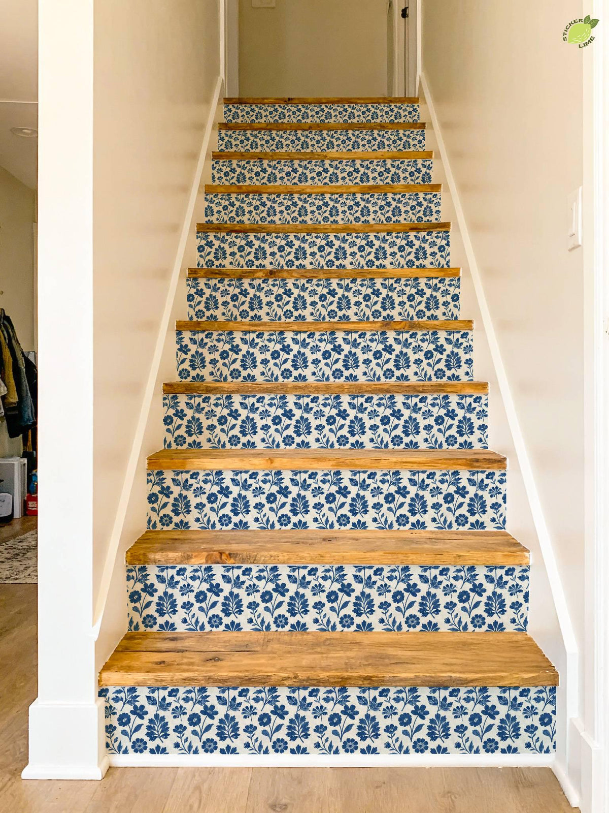 Cobalt Block Print Botanical Tile peel and stick stair riser decals, photo 6 of 8
