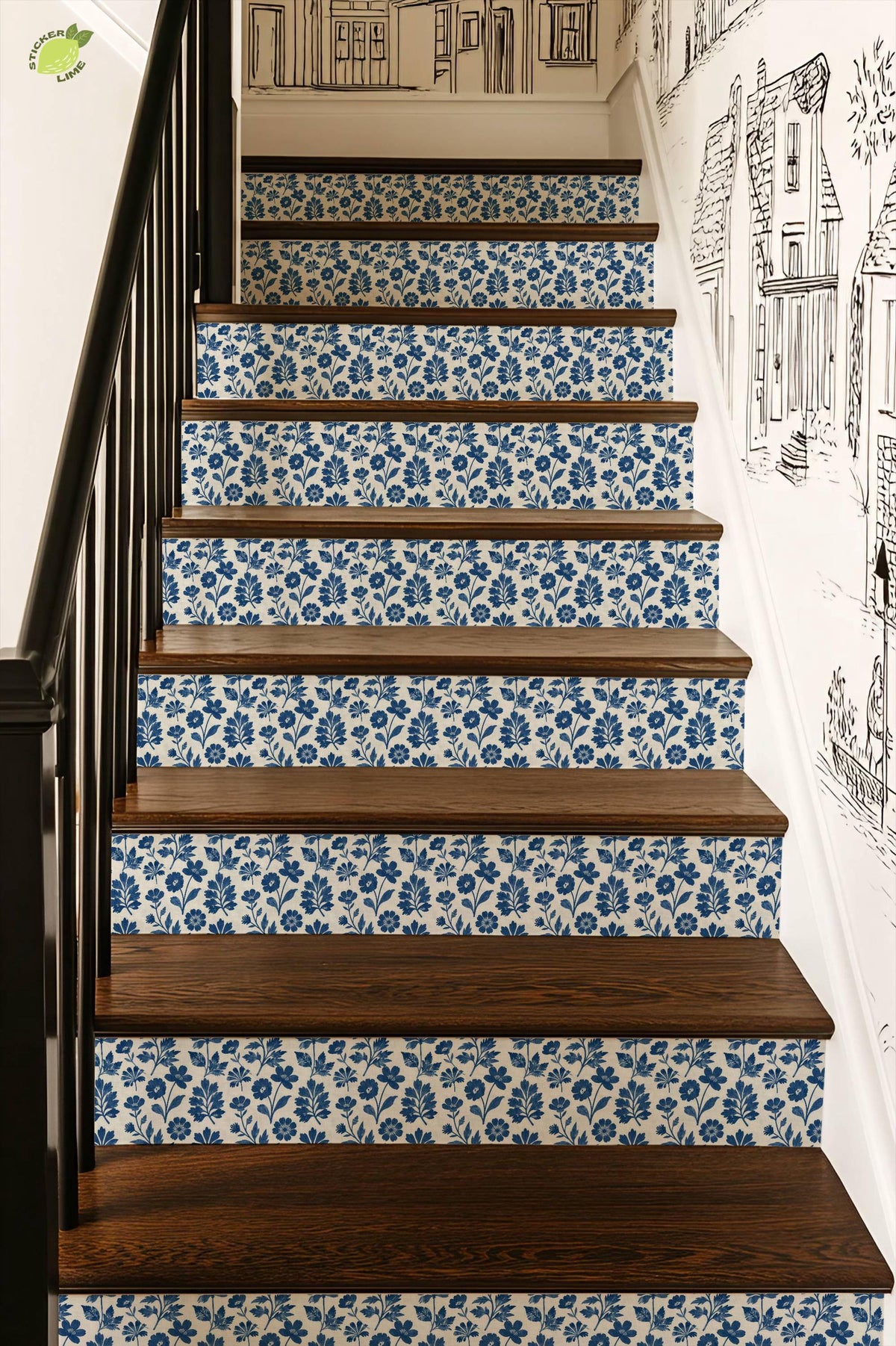 Cobalt Block Print Botanical Tile peel and stick stair riser decals, photo 7 of 8