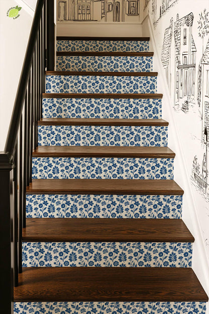 Cobalt Block Print Botanical Tile peel and stick stair riser decals, photo 7 of 8