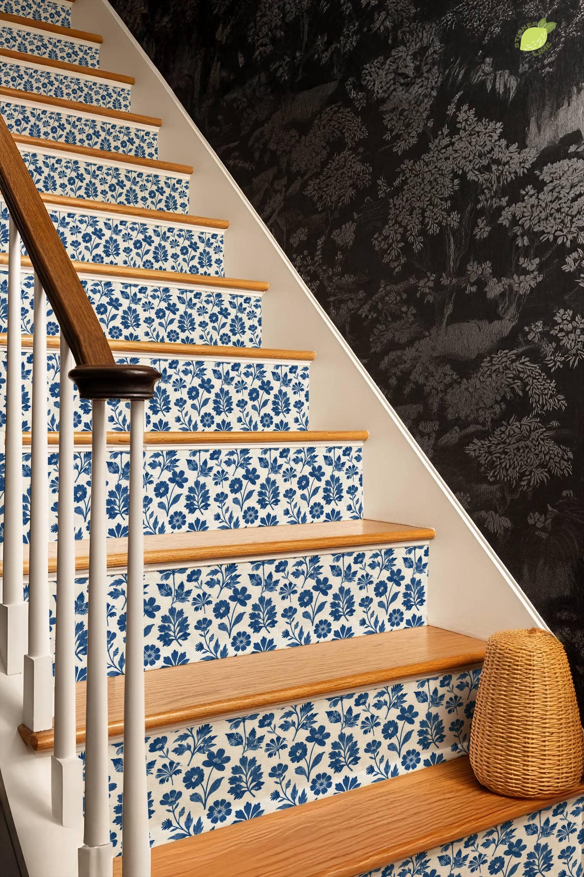 Cobalt Block Print Botanical Tile peel and stick stair riser decals, photo 8 of 8
