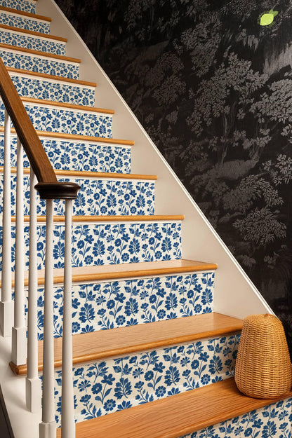 Cobalt Block Print Botanical Tile peel and stick stair riser decals, photo 8 of 8