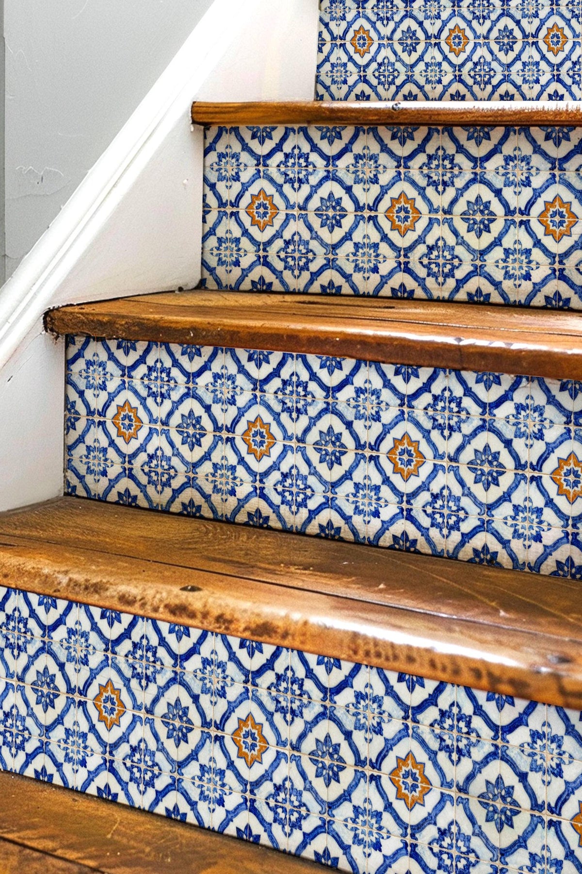 Cobalt Macro Moroccan Medallion peel and stick stair riser decals