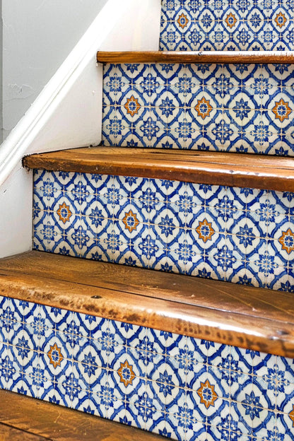 Cobalt Macro Moroccan Medallion peel and stick stair riser decals