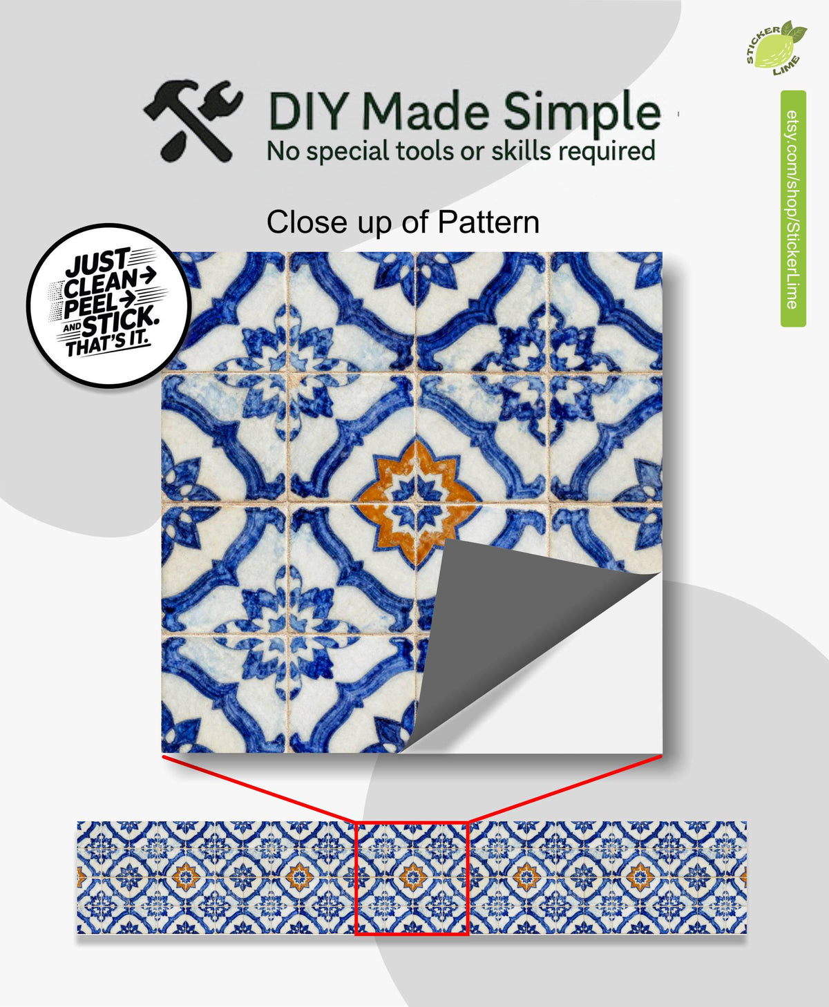 Cobalt Macro Moroccan Medallion peel and stick stair riser decals, photo 2 of 8