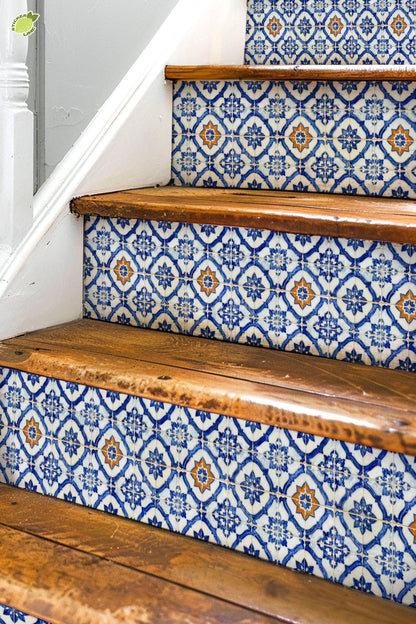 Cobalt Macro Moroccan Medallion peel and stick stair riser decals, photo 3 of 8