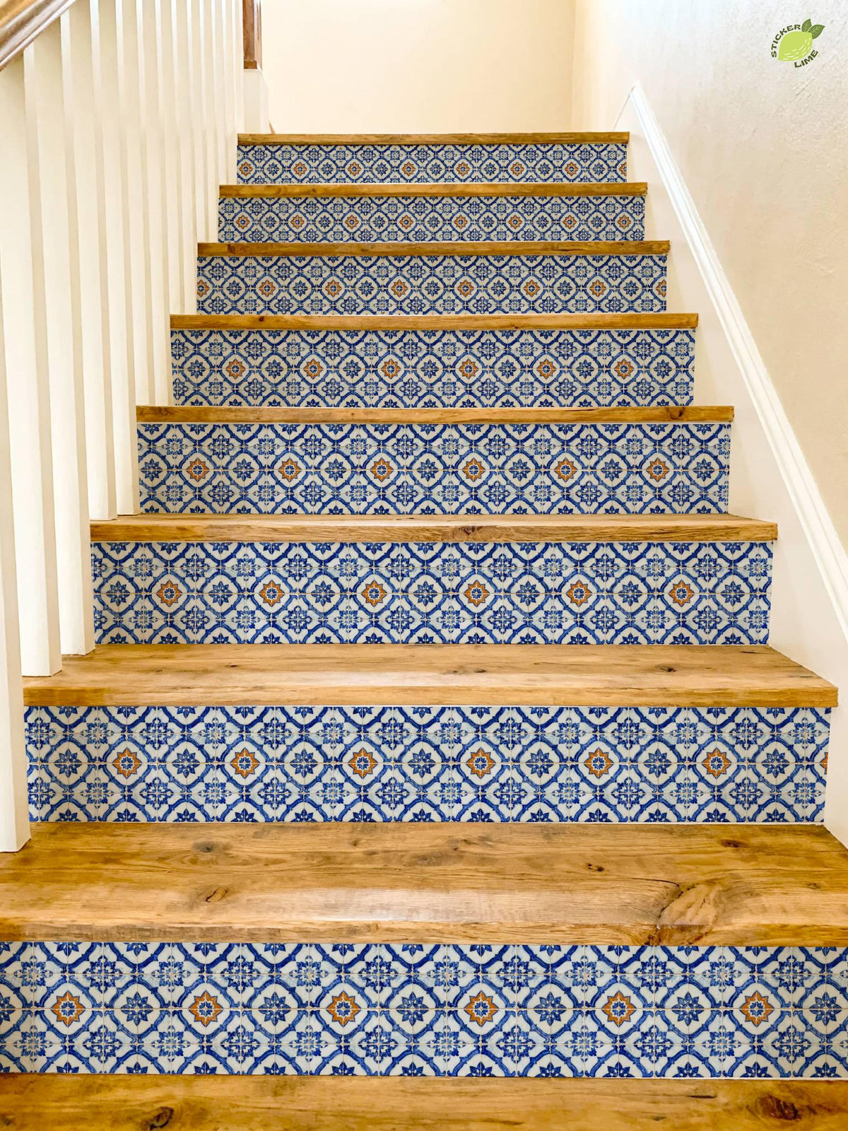 Cobalt Macro Moroccan Medallion peel and stick stair riser decals, photo 4 of 8