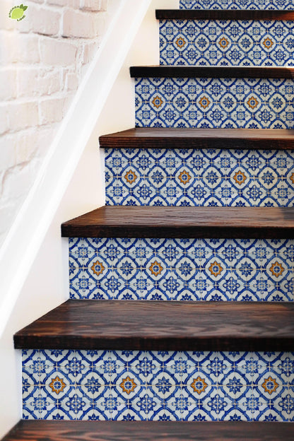 Cobalt Macro Moroccan Medallion peel and stick stair riser decals, photo 5 of 8