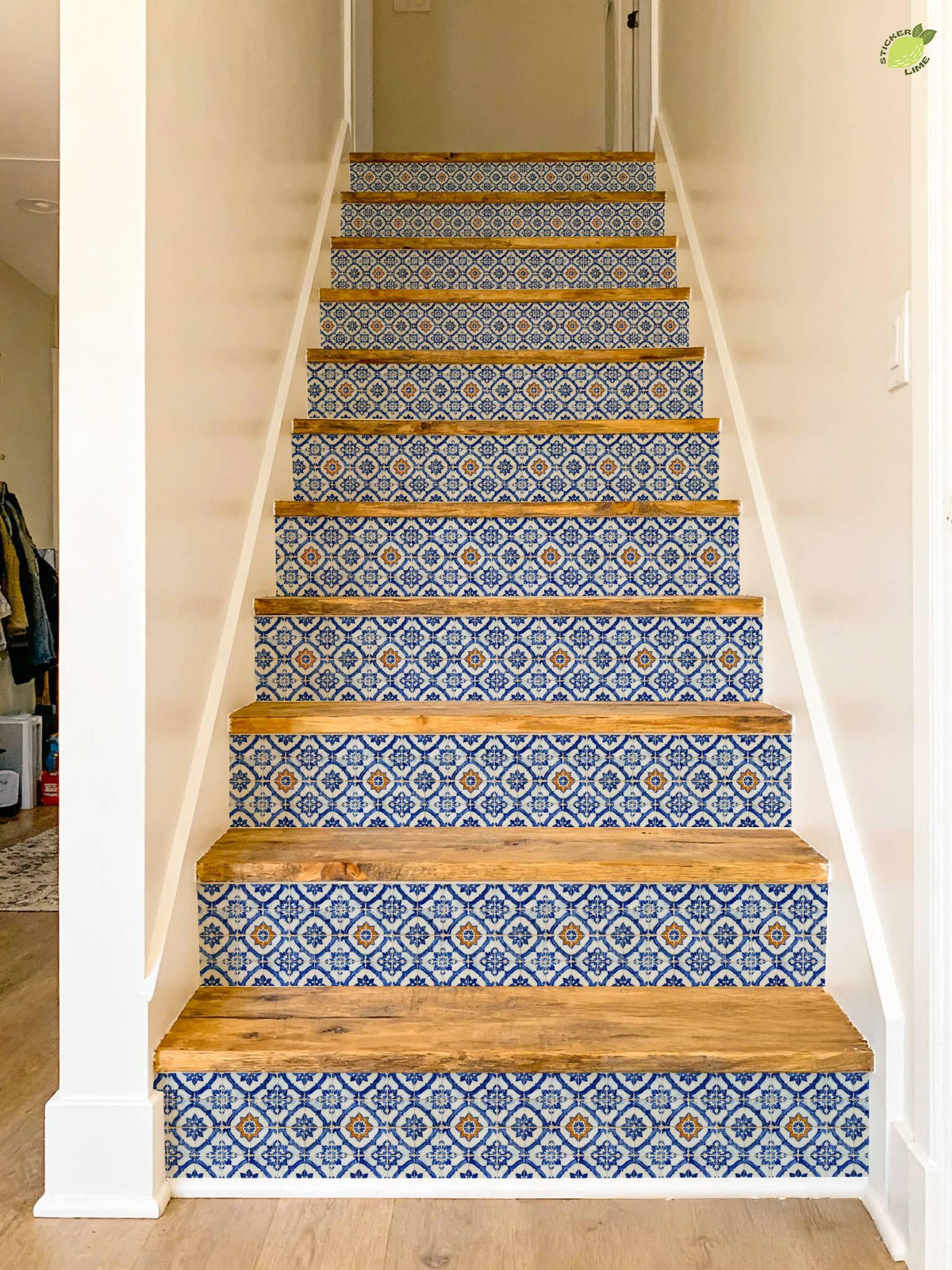 Cobalt Macro Moroccan Medallion peel and stick stair riser decals, photo 6 of 8