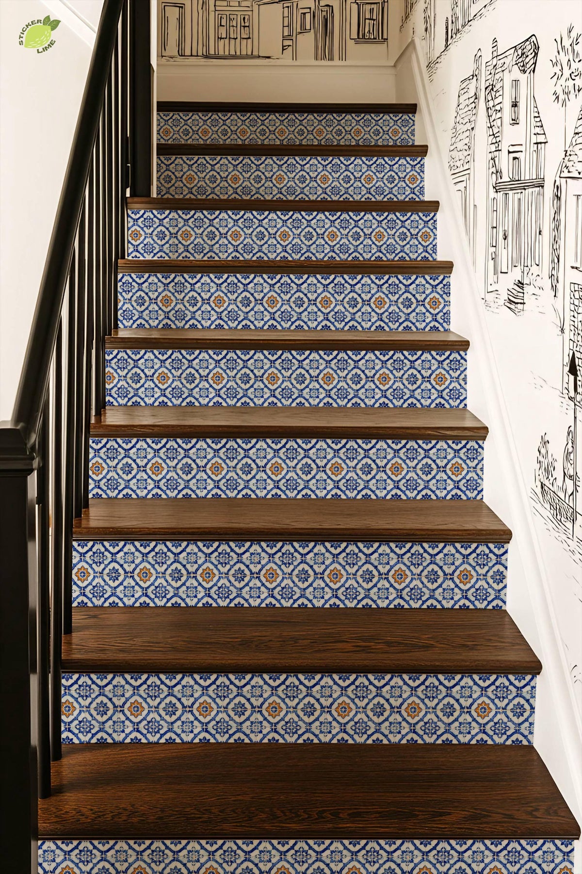Cobalt Macro Moroccan Medallion peel and stick stair riser decals, photo 7 of 8