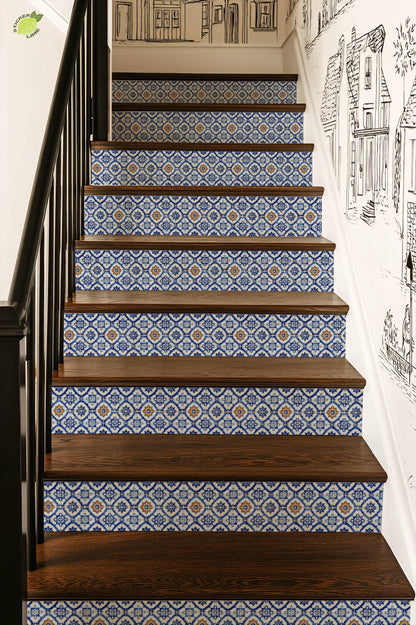 Cobalt Macro Moroccan Medallion peel and stick stair riser decals, photo 7 of 8
