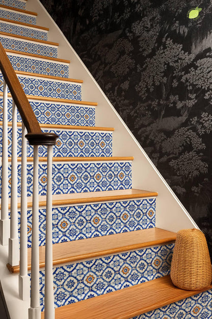 Cobalt Macro Moroccan Medallion peel and stick stair riser decals, photo 8 of 8