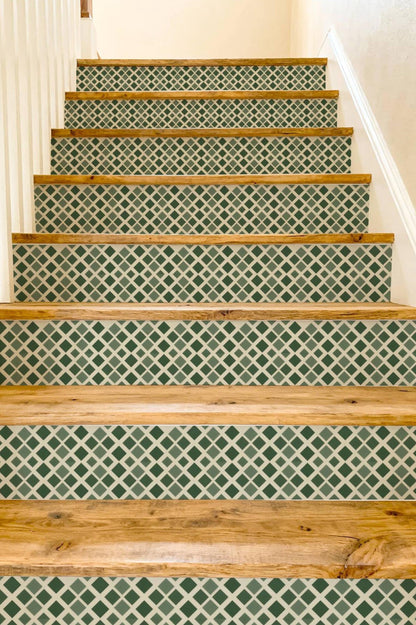Midnight Olive Diamond Lattice peel and stick stair riser decals