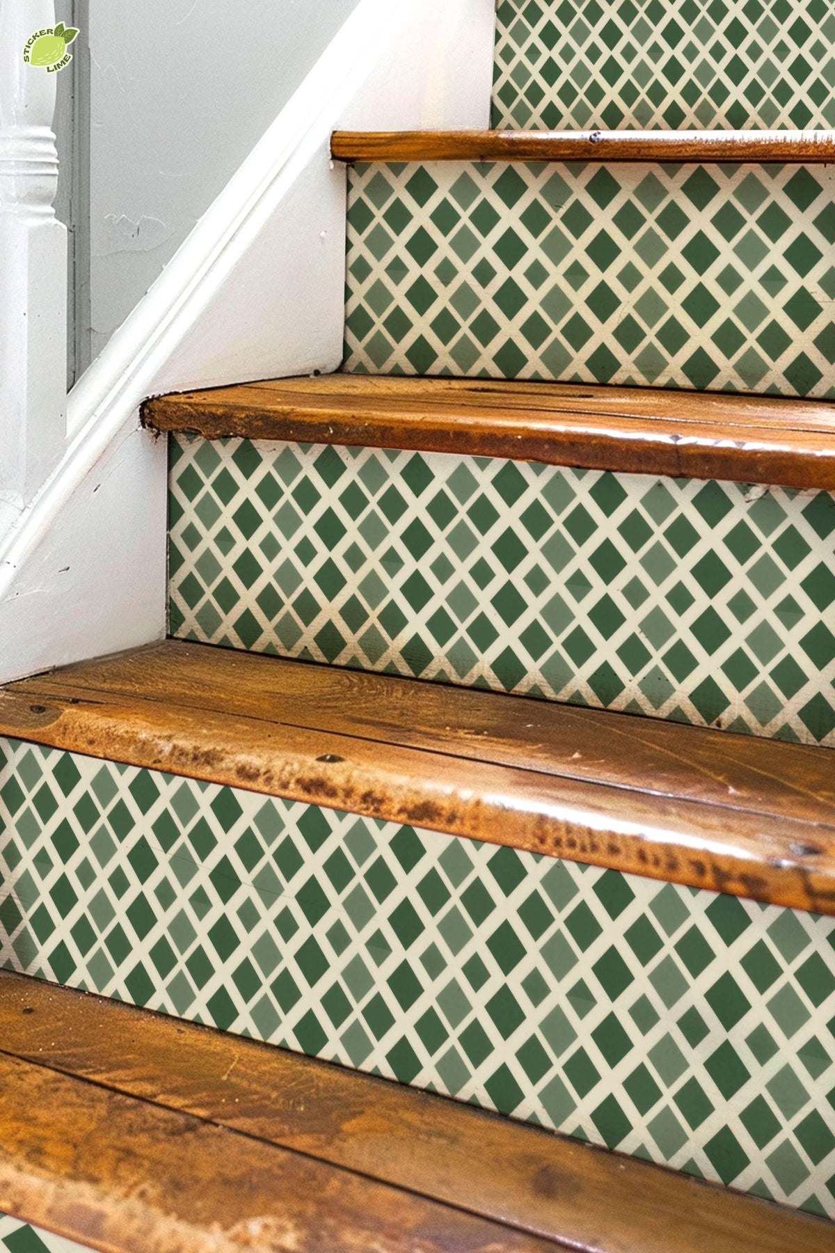 Midnight Olive Diamond Lattice peel and stick stair riser decals, photo 3 of 8