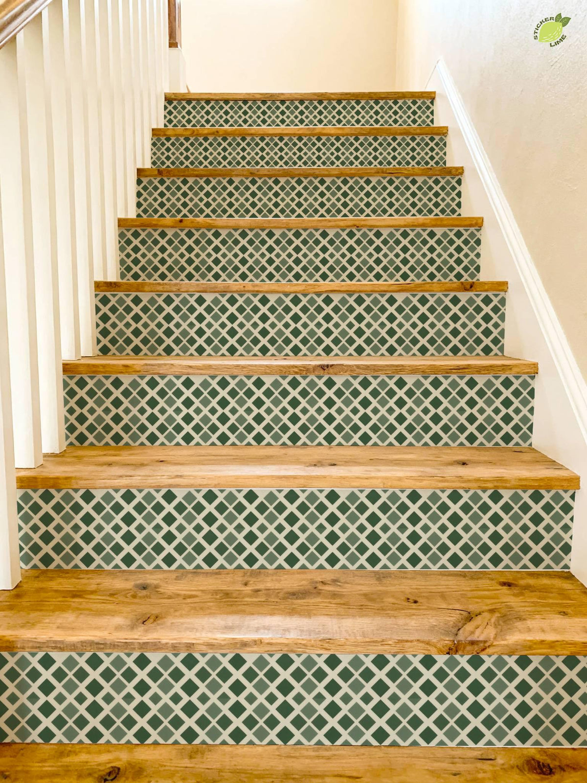 Midnight Olive Diamond Lattice peel and stick stair riser decals, photo 4 of 8