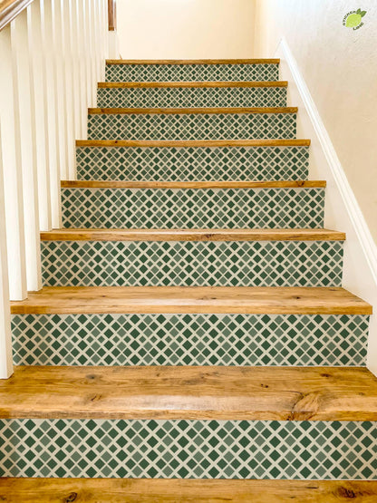 Midnight Olive Diamond Lattice peel and stick stair riser decals, photo 4 of 8