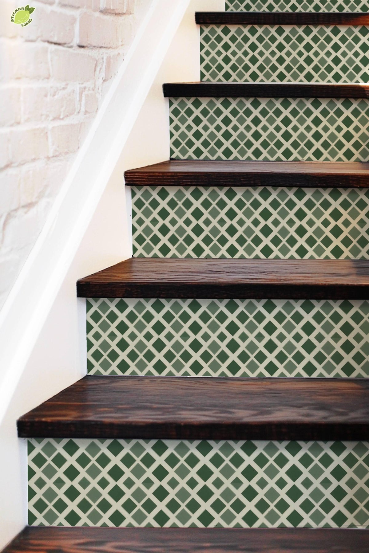 Midnight Olive Diamond Lattice peel and stick stair riser decals, photo 5 of 8