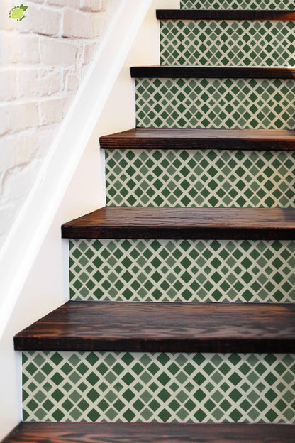 Midnight Olive Diamond Lattice peel and stick stair riser decals, photo 5 of 8