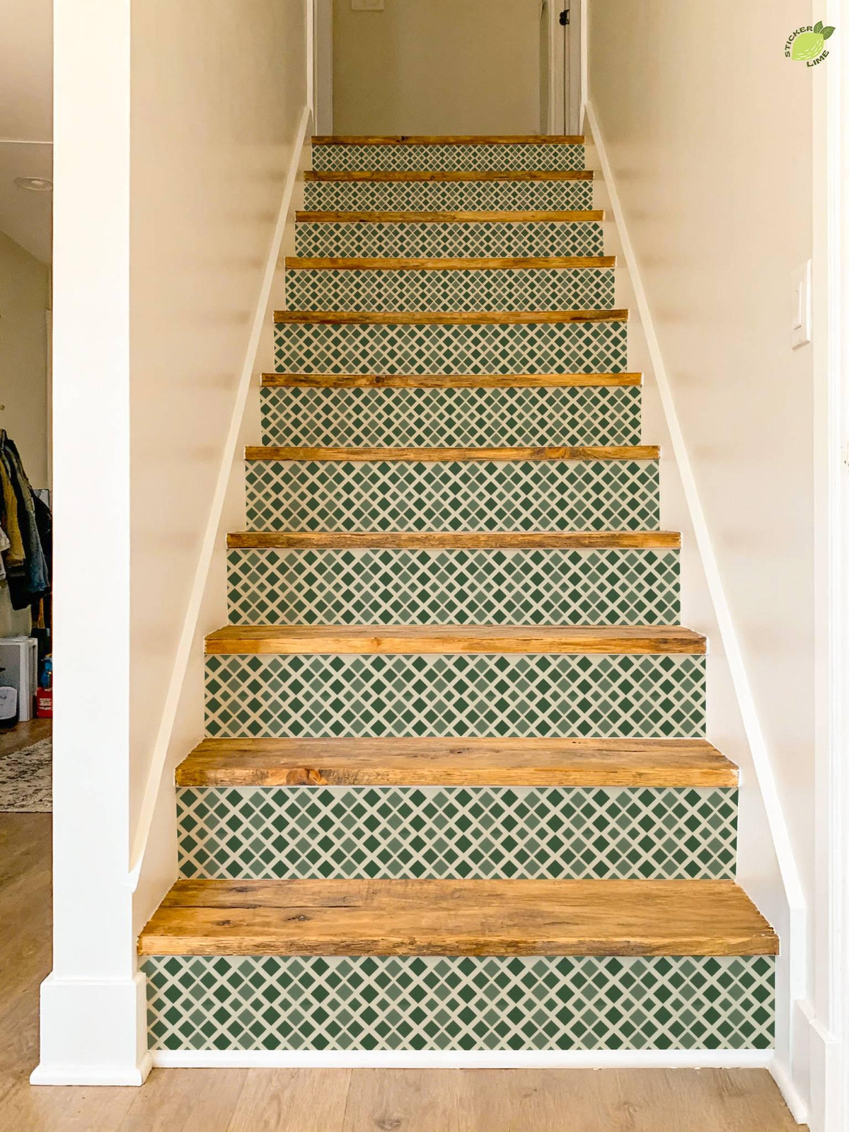 Midnight Olive Diamond Lattice peel and stick stair riser decals, photo 6 of 8