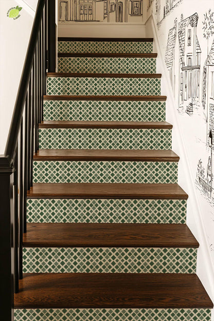 Midnight Olive Diamond Lattice peel and stick stair riser decals, photo 7 of 8