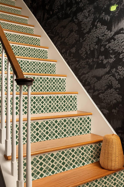 Midnight Olive Diamond Lattice peel and stick stair riser decals, photo 8 of 8