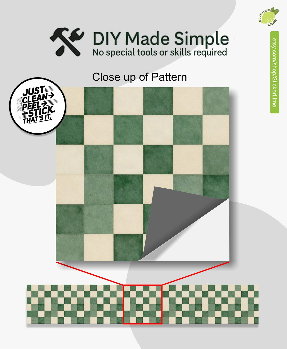 Forest Green Renter Friendly Checker Tile peel and stick stair riser decals, photo 2 of 8