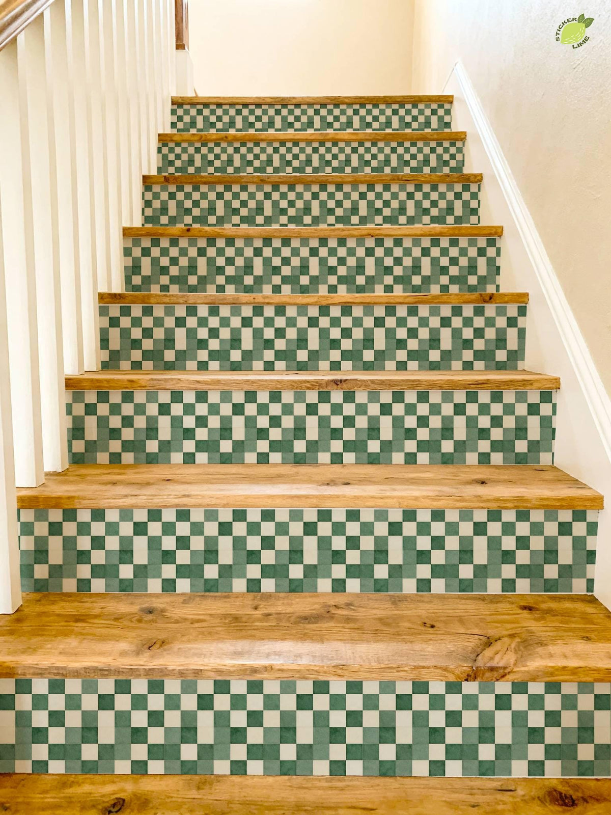 Forest Green Renter Friendly Checker Tile peel and stick stair riser decals, photo 4 of 8