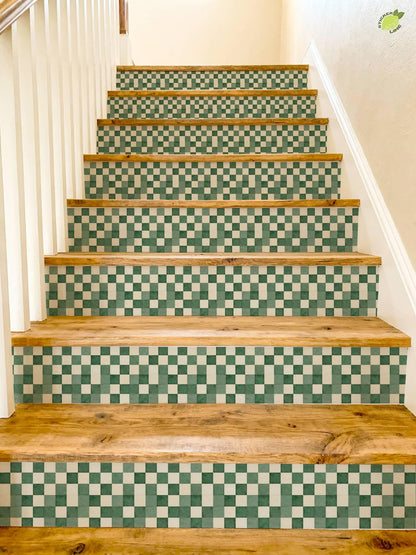 Forest Green Renter Friendly Checker Tile peel and stick stair riser decals, photo 4 of 8