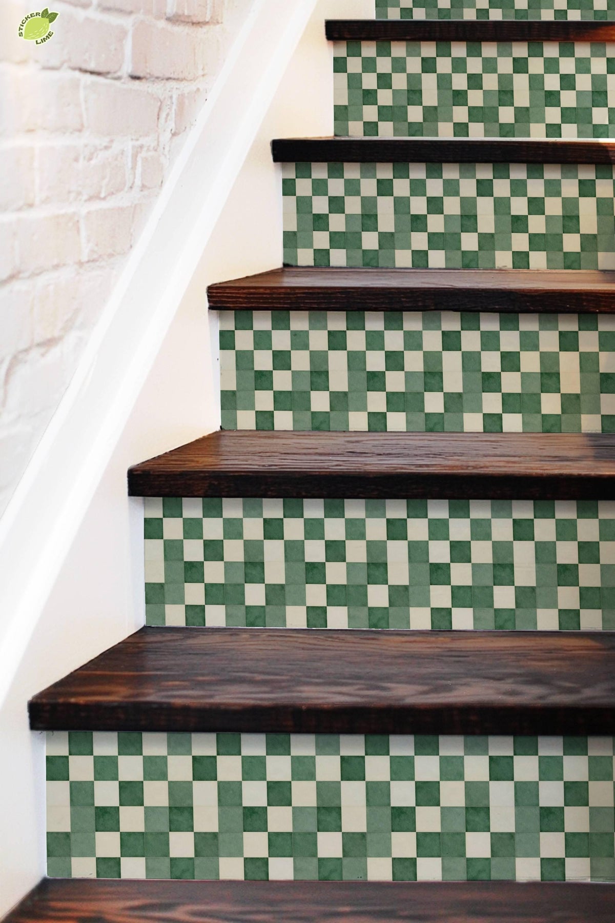 Forest Green Renter Friendly Checker Tile peel and stick stair riser decals, photo 5 of 8