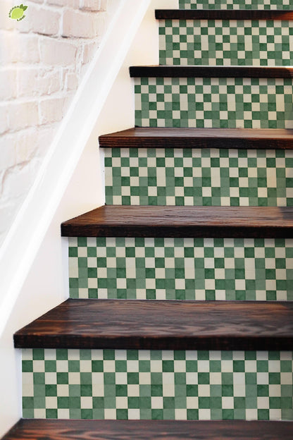 Forest Green Renter Friendly Checker Tile peel and stick stair riser decals, photo 5 of 8