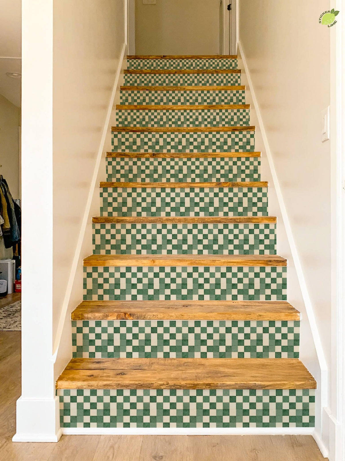 Forest Green Renter Friendly Checker Tile peel and stick stair riser decals, photo 6 of 8