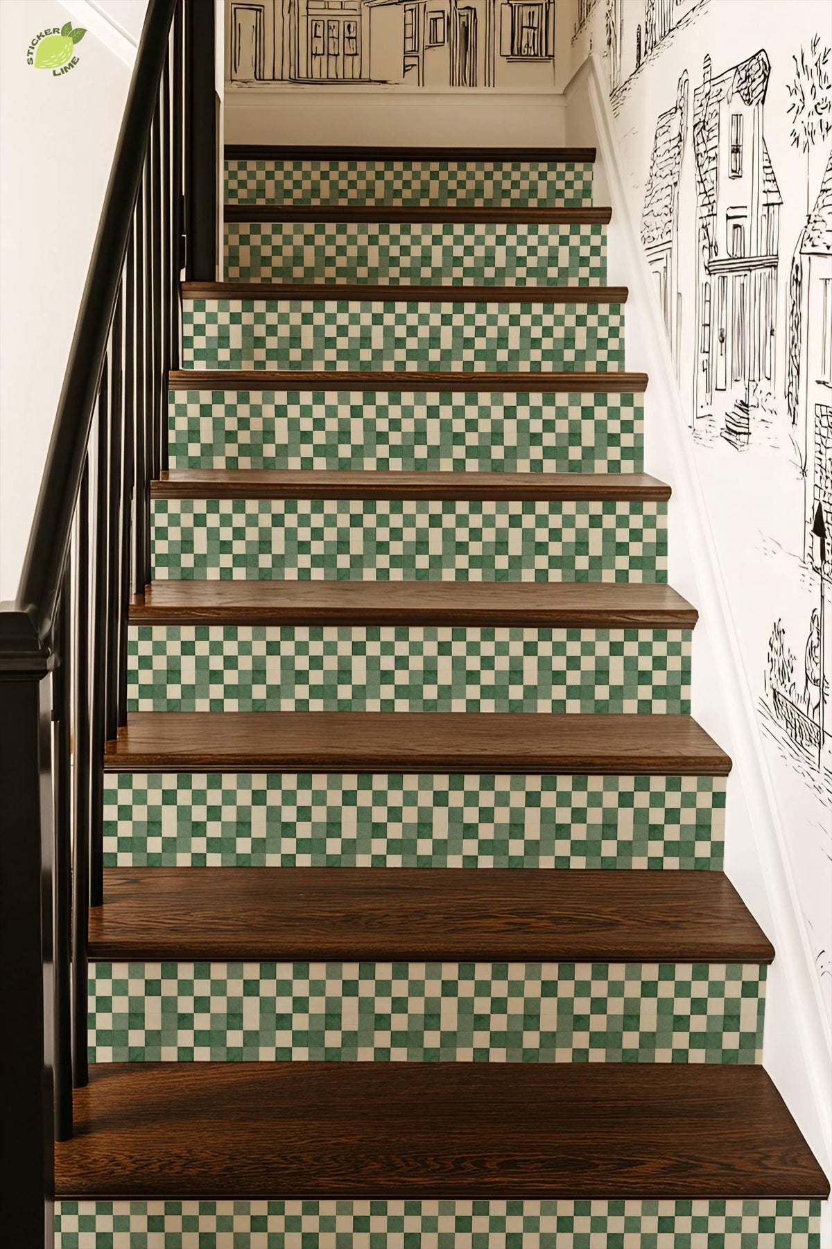 Forest Green Renter Friendly Checker Tile peel and stick stair riser decals, photo 7 of 8