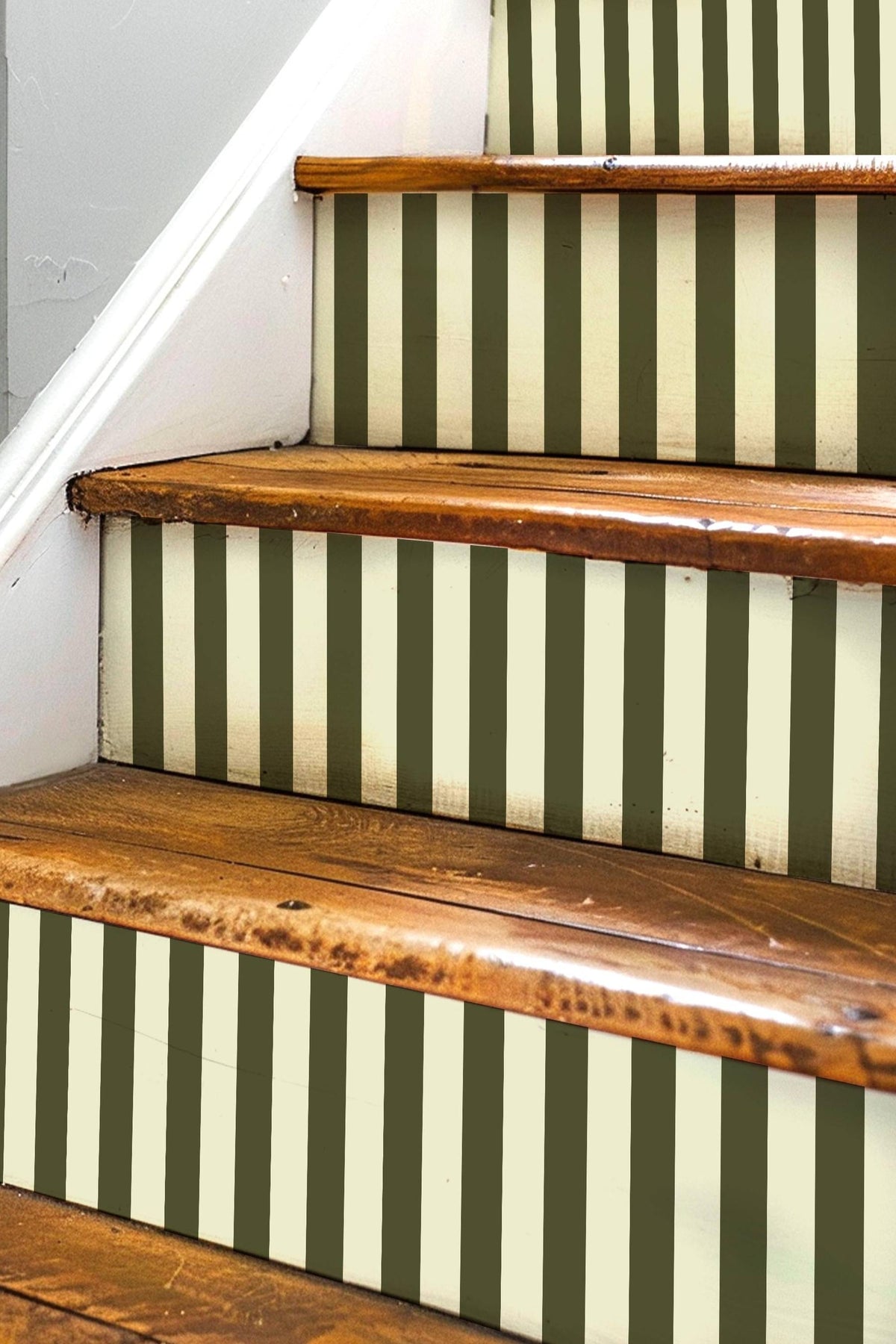 Olive Green and Cream Vertical Stripes peel and stick stair riser decals
