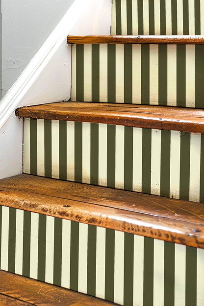 Olive Green and Cream Vertical Stripes peel and stick stair riser decals