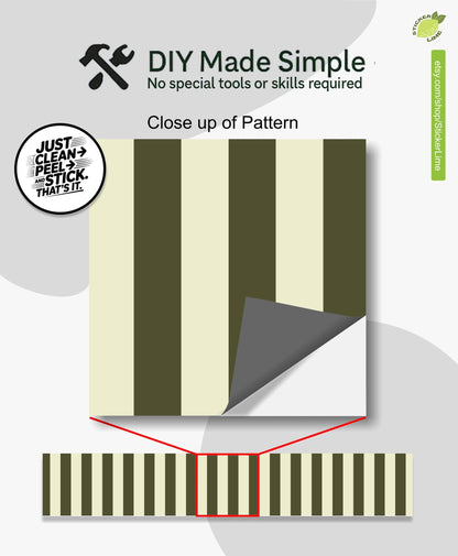 Olive Green and Cream Vertical Stripes peel and stick stair riser decals, photo 2 of 8