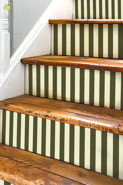 Olive Green and Cream Vertical Stripes peel and stick stair riser decals, photo 3 of 8