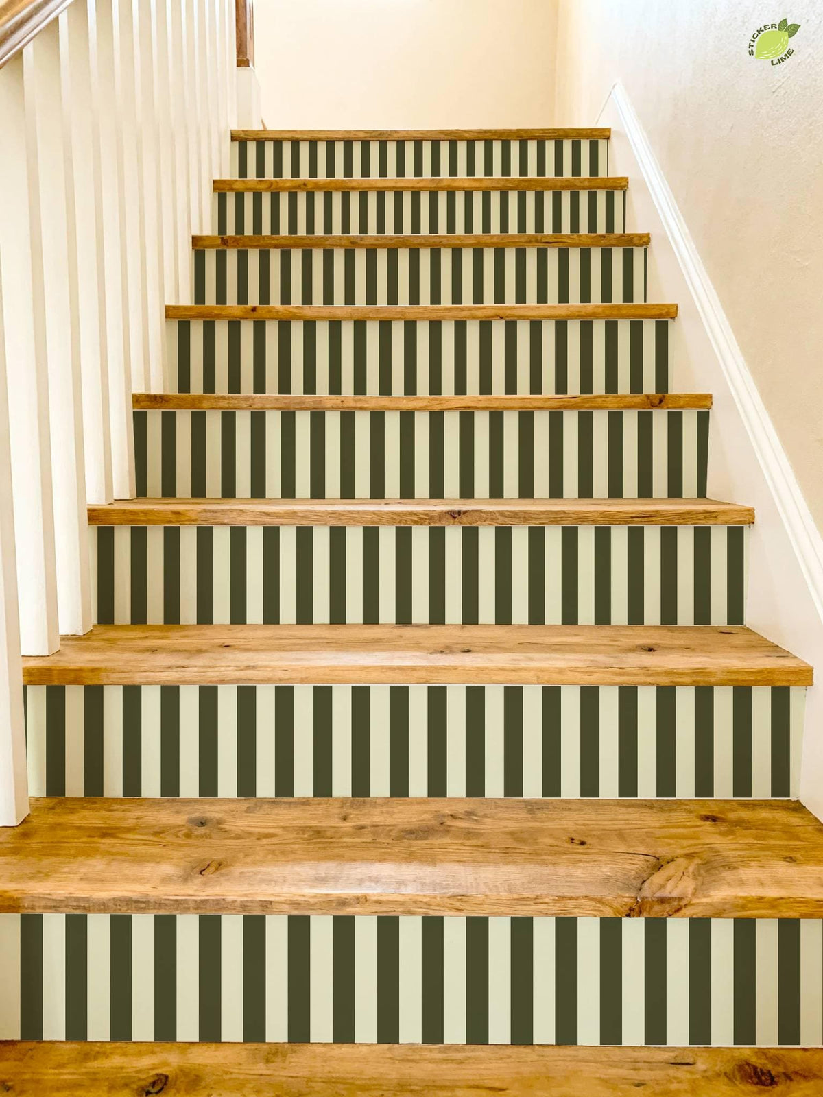 Olive Green and Cream Vertical Stripes peel and stick stair riser decals, photo 4 of 8