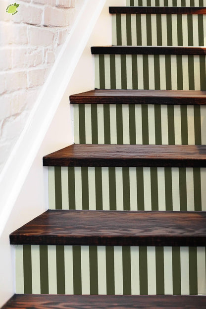 Olive Green and Cream Vertical Stripes peel and stick stair riser decals, photo 5 of 8