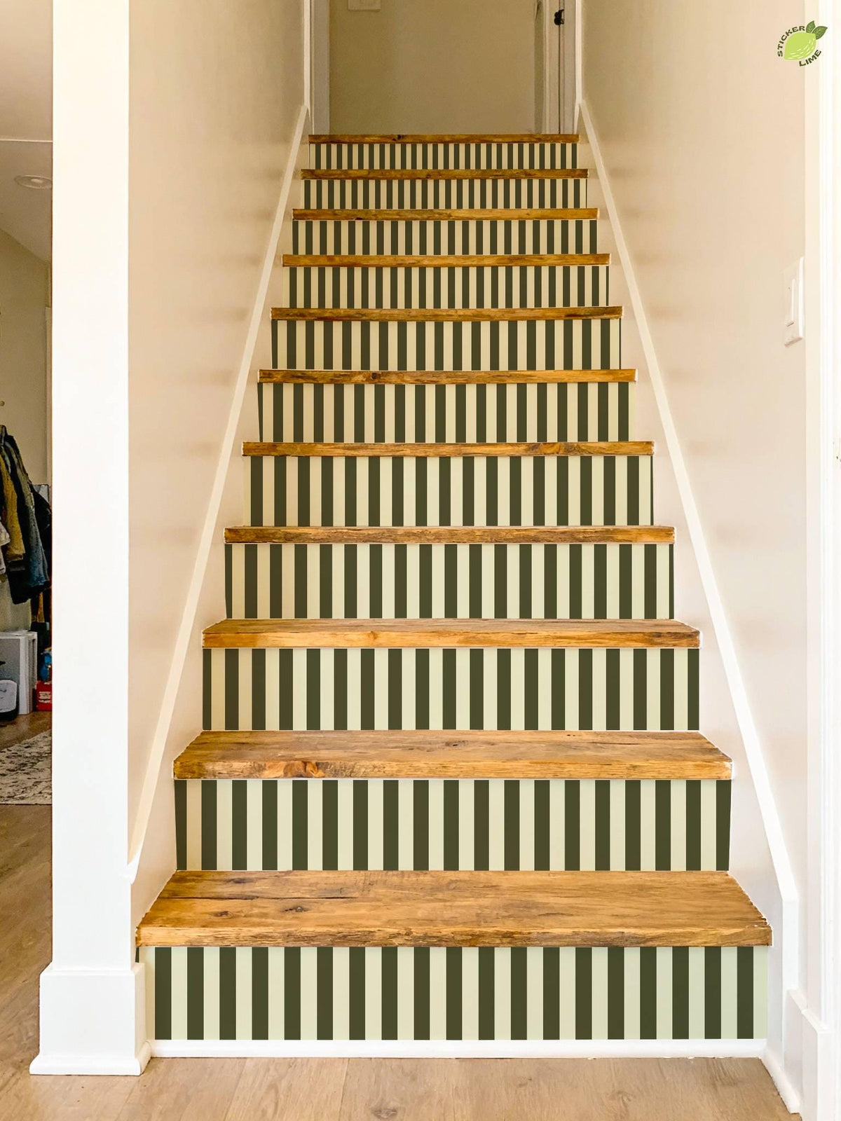 Olive Green and Cream Vertical Stripes peel and stick stair riser decals, photo 6 of 8