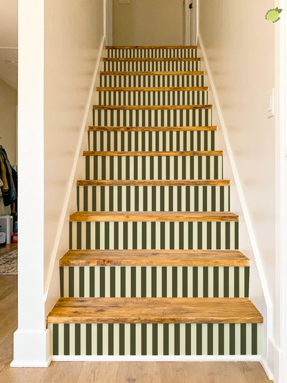 Olive Green and Cream Vertical Stripes peel and stick stair riser decals, photo 6 of 8