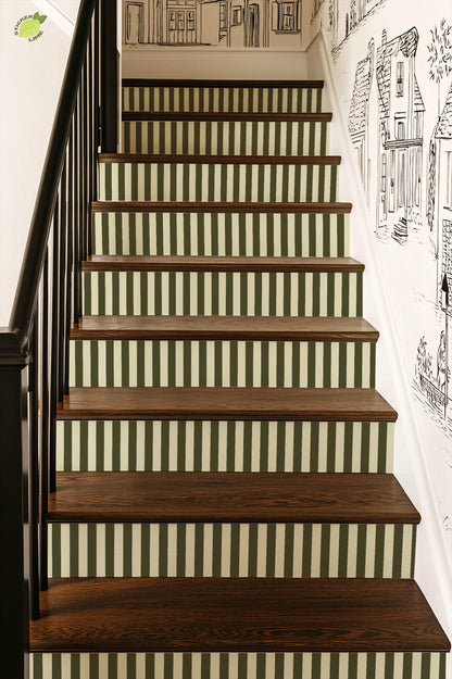 Olive Green and Cream Vertical Stripes peel and stick stair riser decals, photo 7 of 8