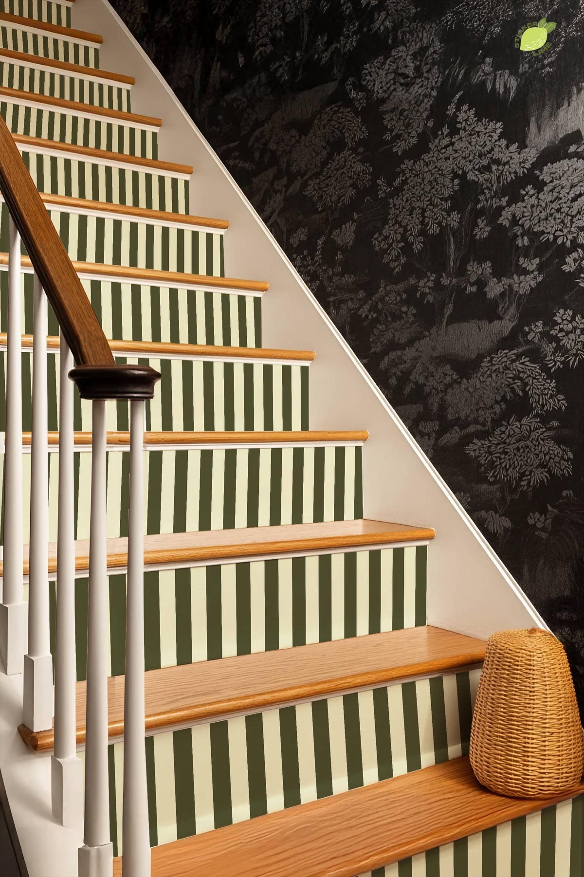 Olive Green and Cream Vertical Stripes peel and stick stair riser decals, photo 8 of 8