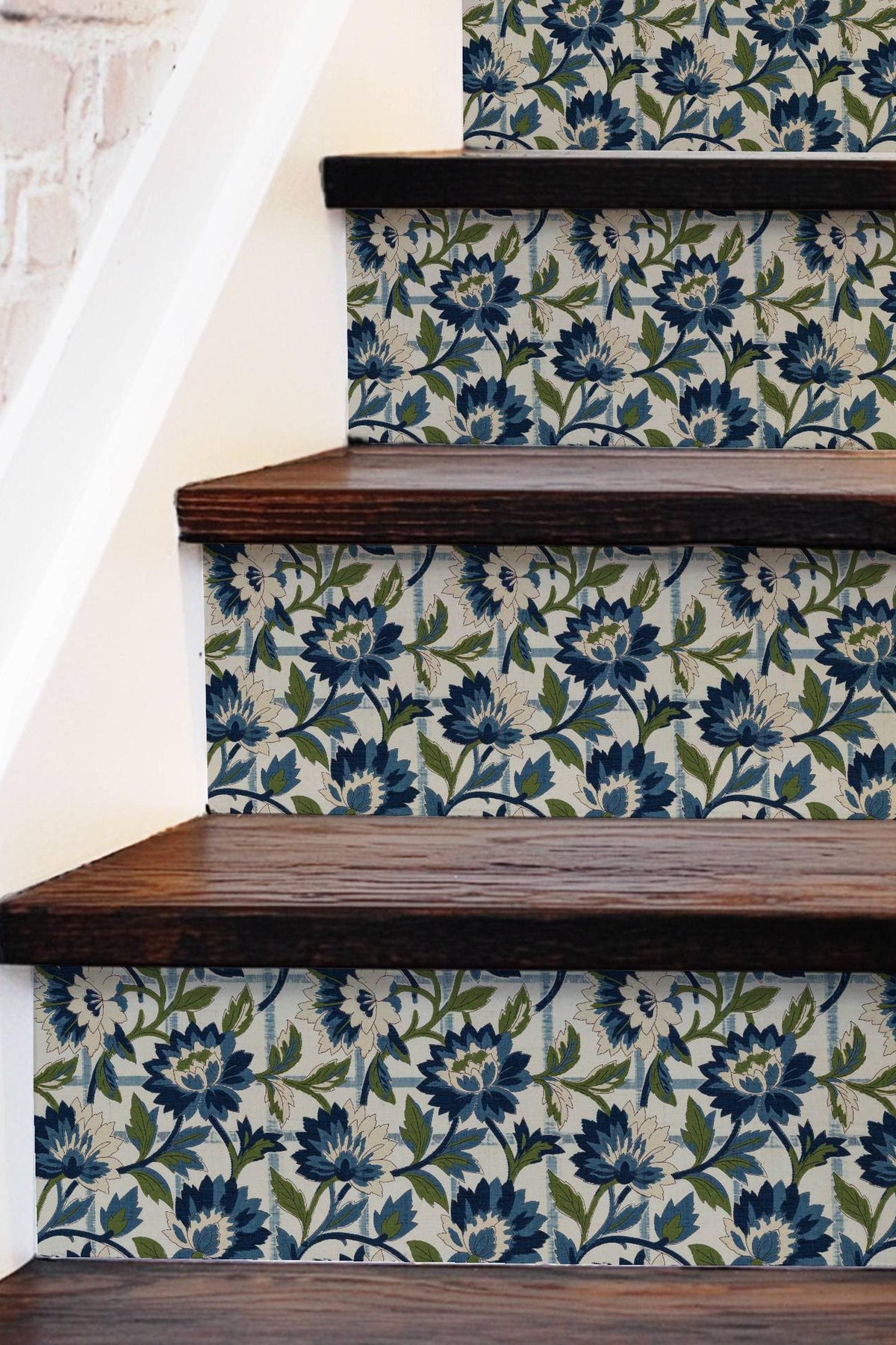 Blue Floral Block Print Woven Jacquard peel and stick stair riser decals