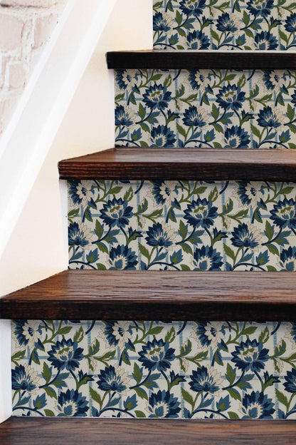 Blue Floral Block Print Woven Jacquard peel and stick stair riser decals