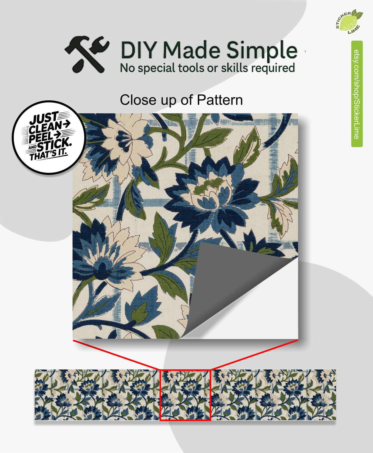 Blue Floral Block Print Woven Jacquard peel and stick stair riser decals, photo 2 of 8