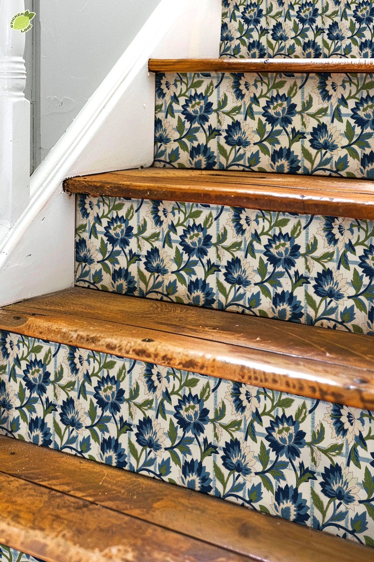 Blue Floral Block Print Woven Jacquard peel and stick stair riser decals, photo 3 of 8