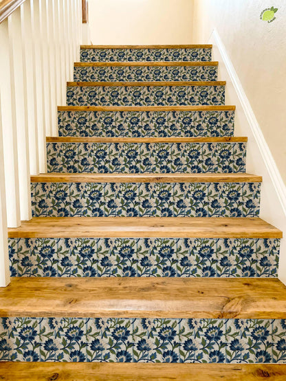 Blue Floral Block Print Woven Jacquard peel and stick stair riser decals, photo 4 of 8