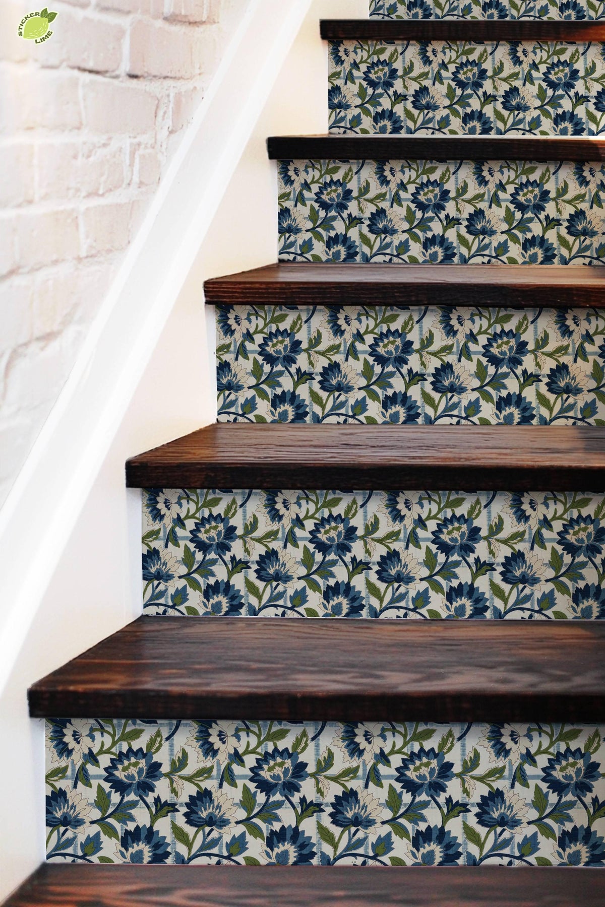 Blue Floral Block Print Woven Jacquard peel and stick stair riser decals, photo 5 of 8