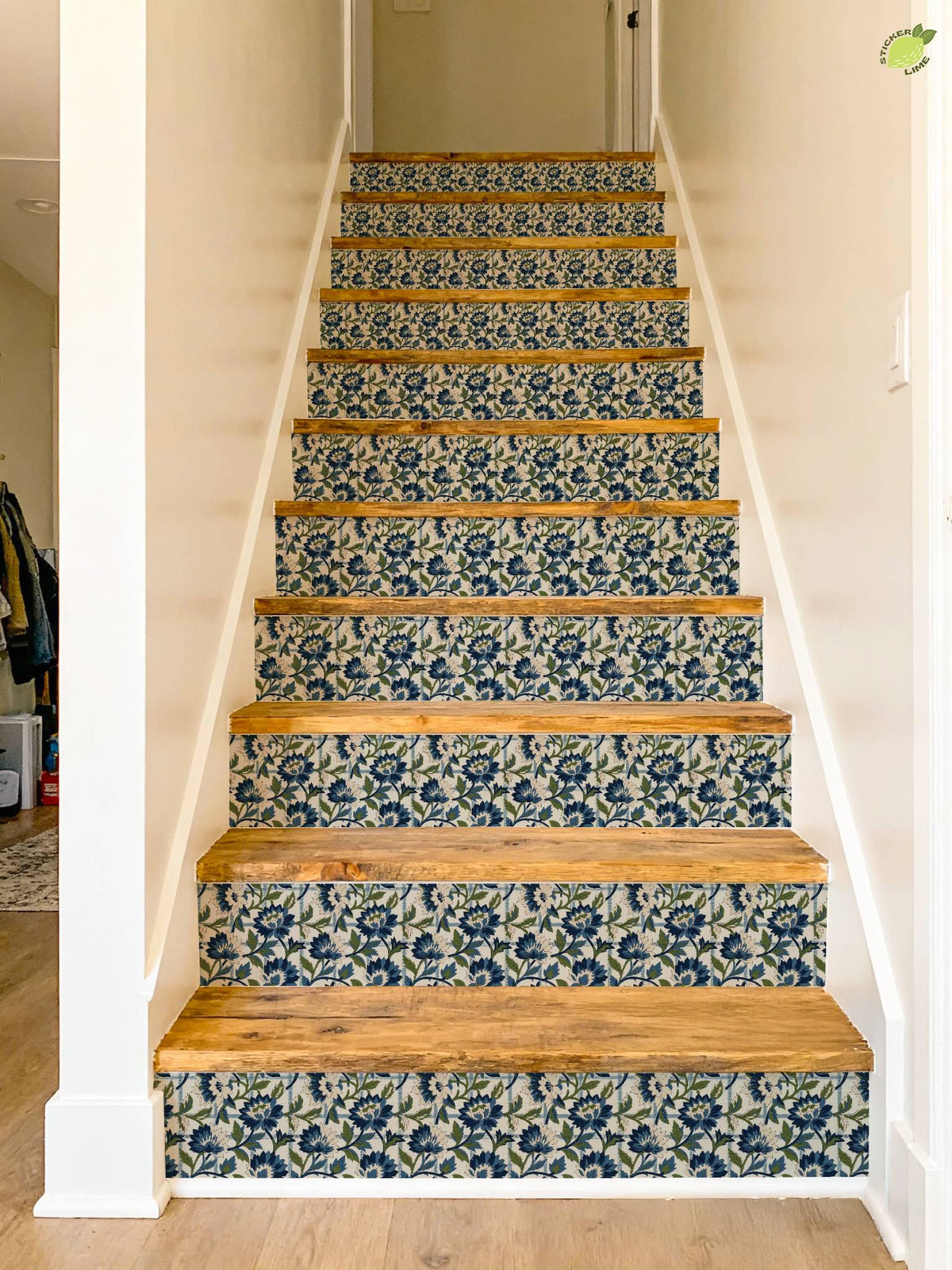 Blue Floral Block Print Woven Jacquard peel and stick stair riser decals, photo 6 of 8