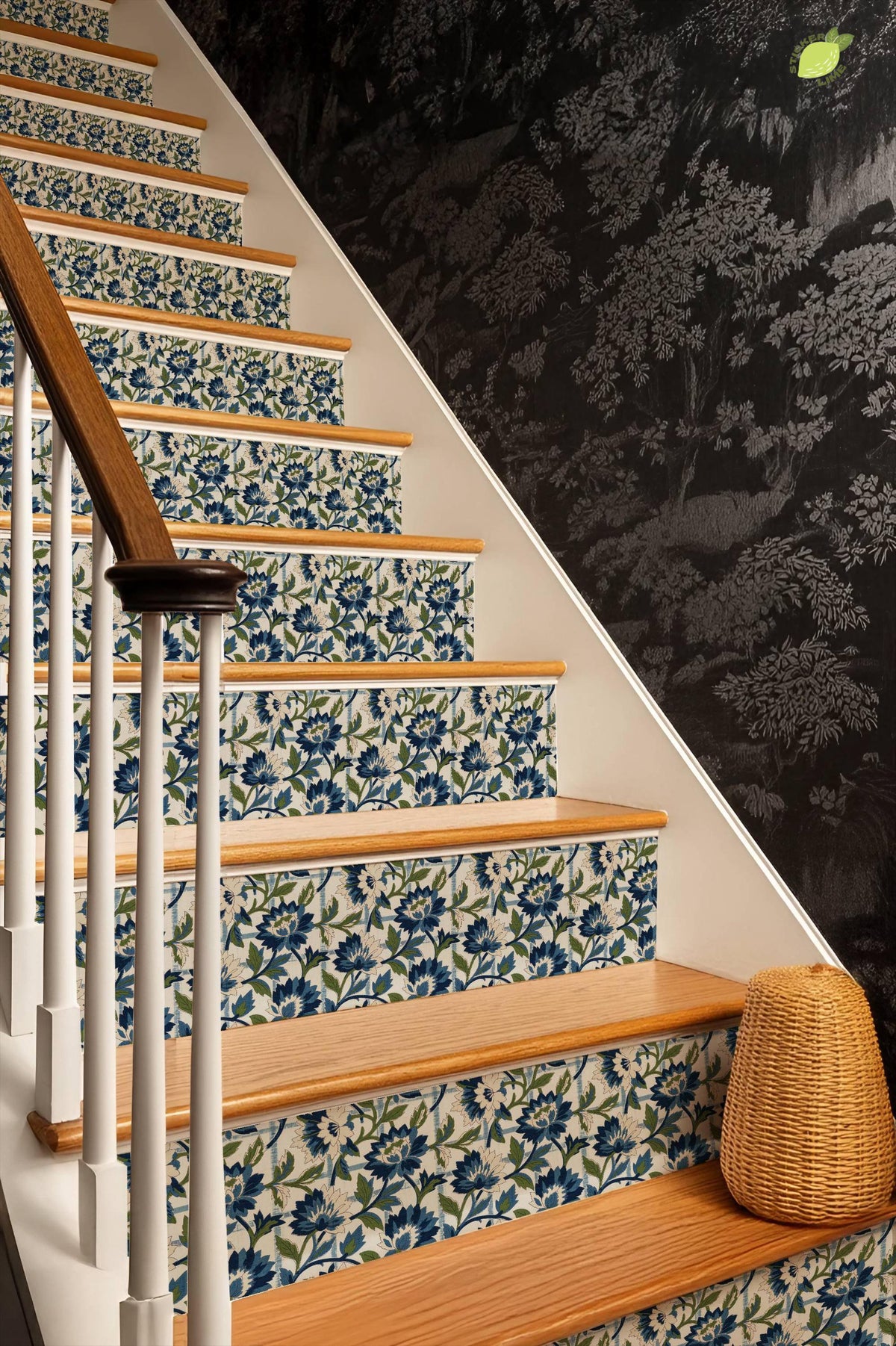 Blue Floral Block Print Woven Jacquard peel and stick stair riser decals, photo 8 of 8